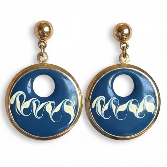 Jewelry - Vintage Navy Enamel Swirl Dangle Earrings Gold Tone Retro Statement Jewelry